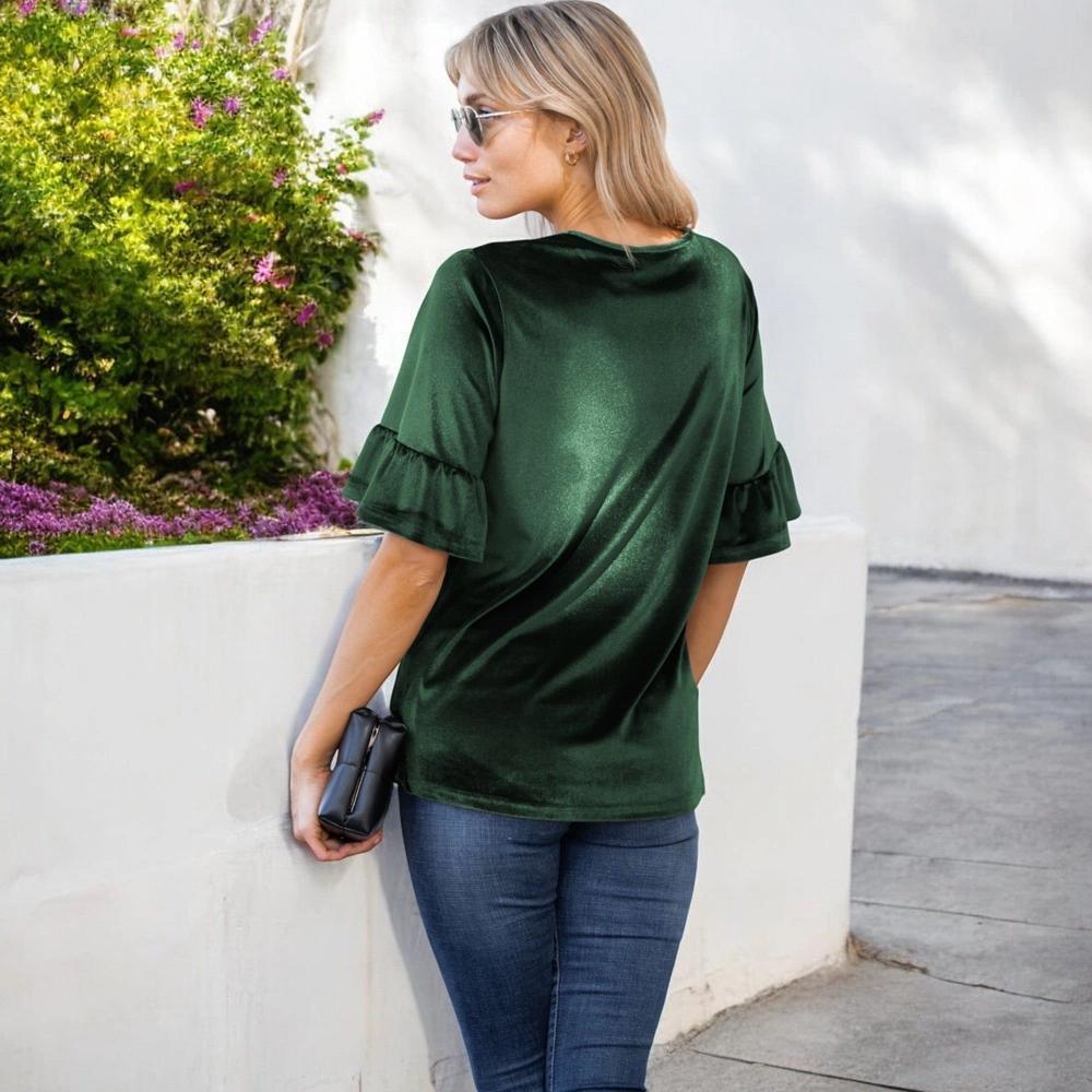 Amaryllis Women's Velvet Ruffle Sleeve Top Luxurious Soft Fabric Comfortable Relaxed Fit Stylish Versatile for Casual- 3X ,Green Product Image