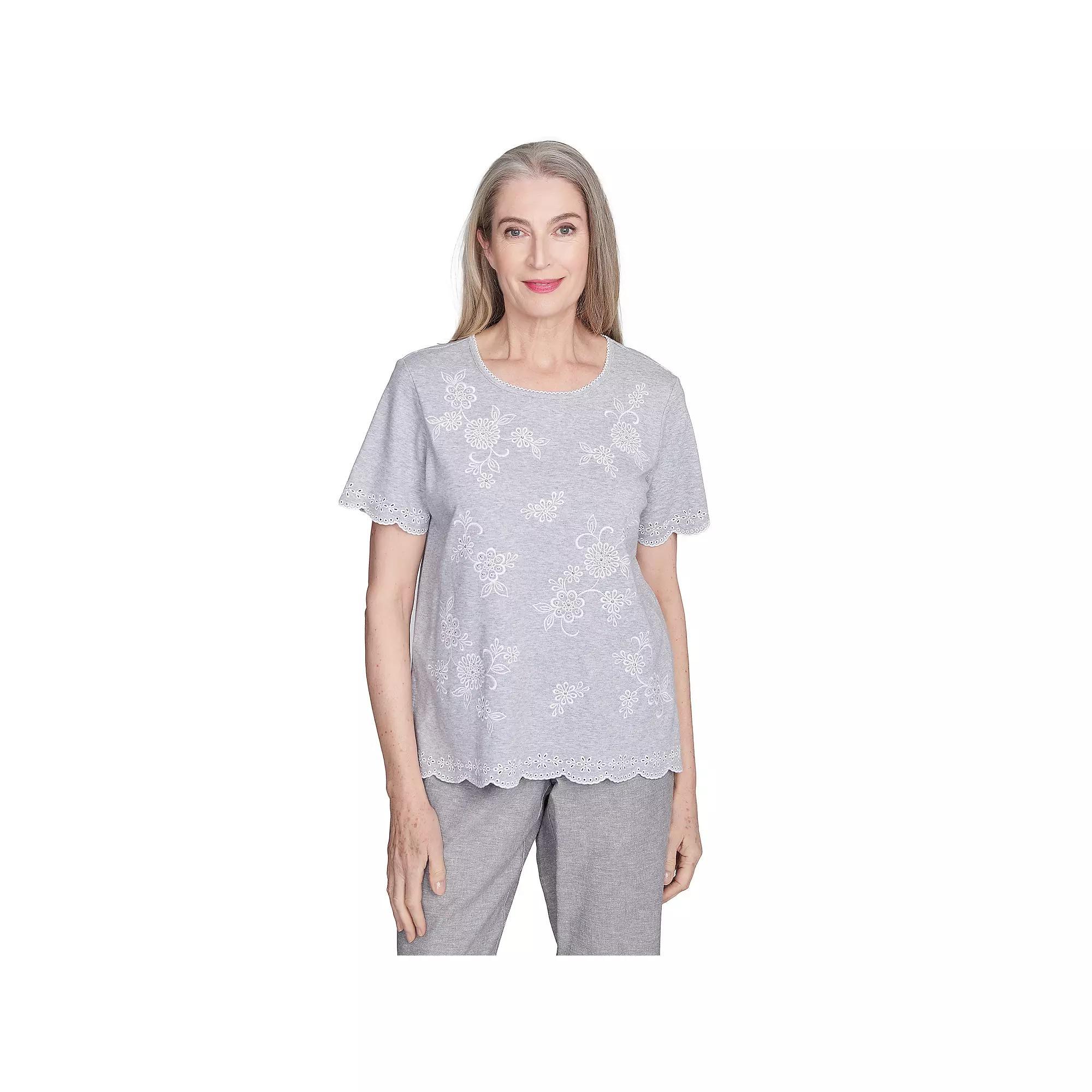 Petite Alfred Dunner Embroidered Tossed Flower Tee, Women's,  Product Image