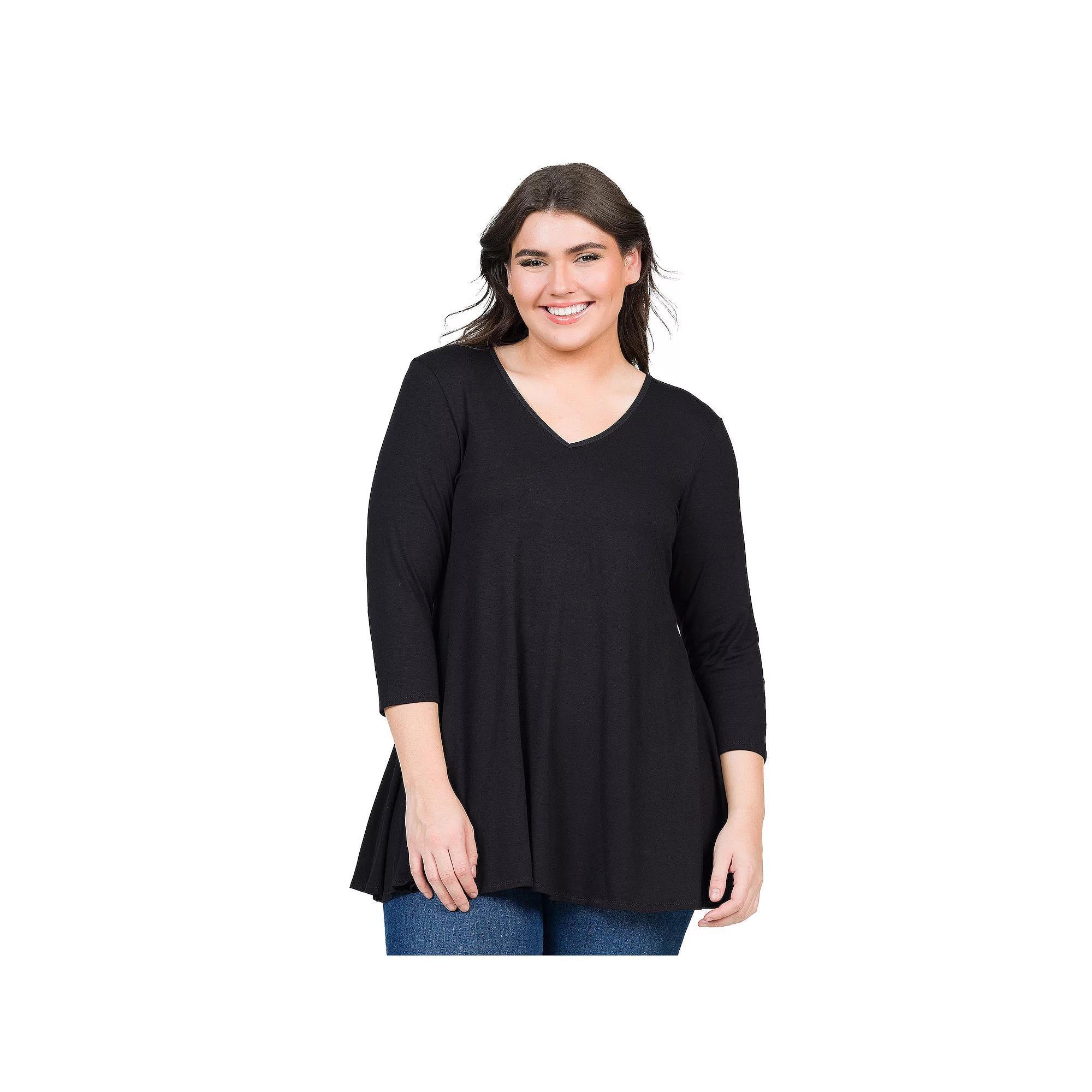 Plus Size 24Seven Comfort Apparel Quarter Sleeve V-Neck Tunic Top, Womens Green Product Image
