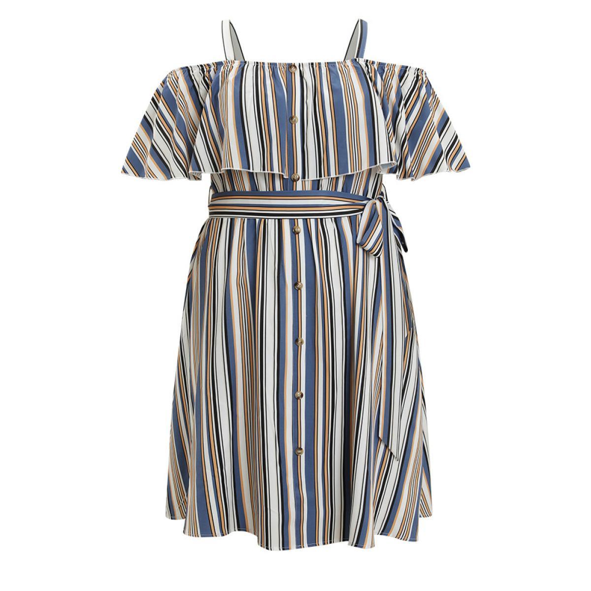 Plus Size Striped Cold Shoulder Belt Pocket Button Detail Dress Blue Women Vacation Adjustable Straps Spaghetti Strap Short sleeve Curvy Knee Dress BloomChic 18-20/2X Product Image