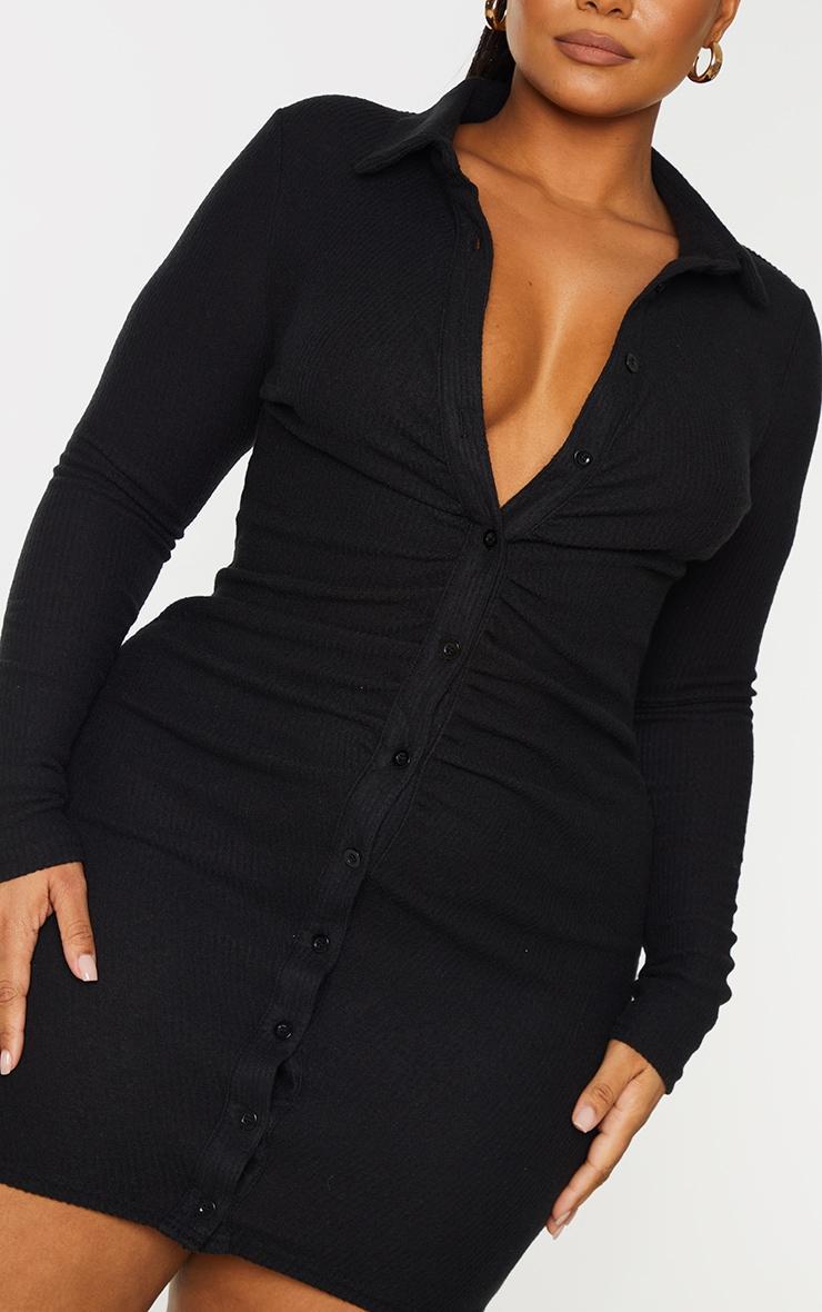 Plus Black Brushed Rib Long Sleeve Ruched Shirt Dress Product Image