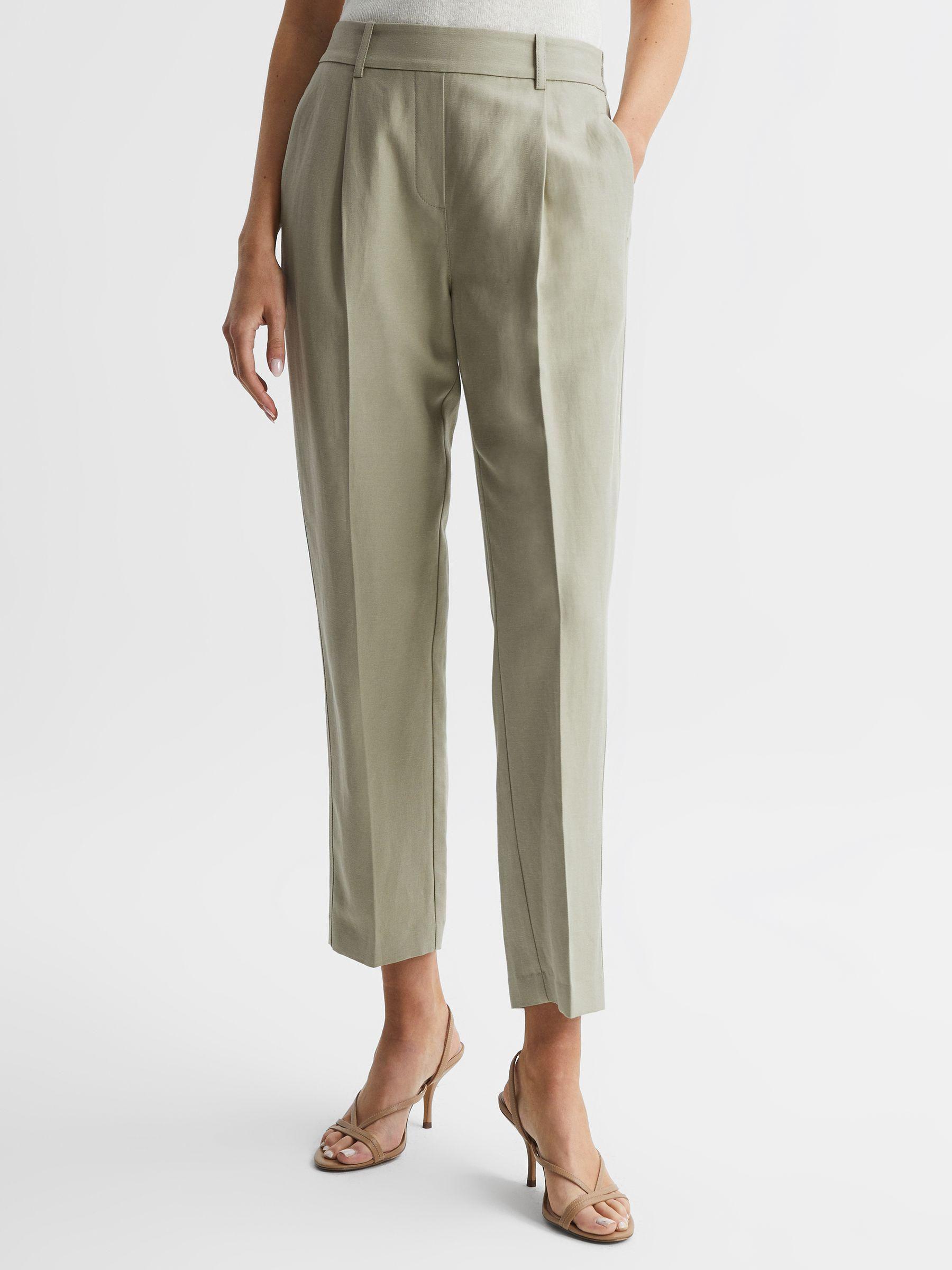 Tapered Linen Trousers in Khaki Product Image