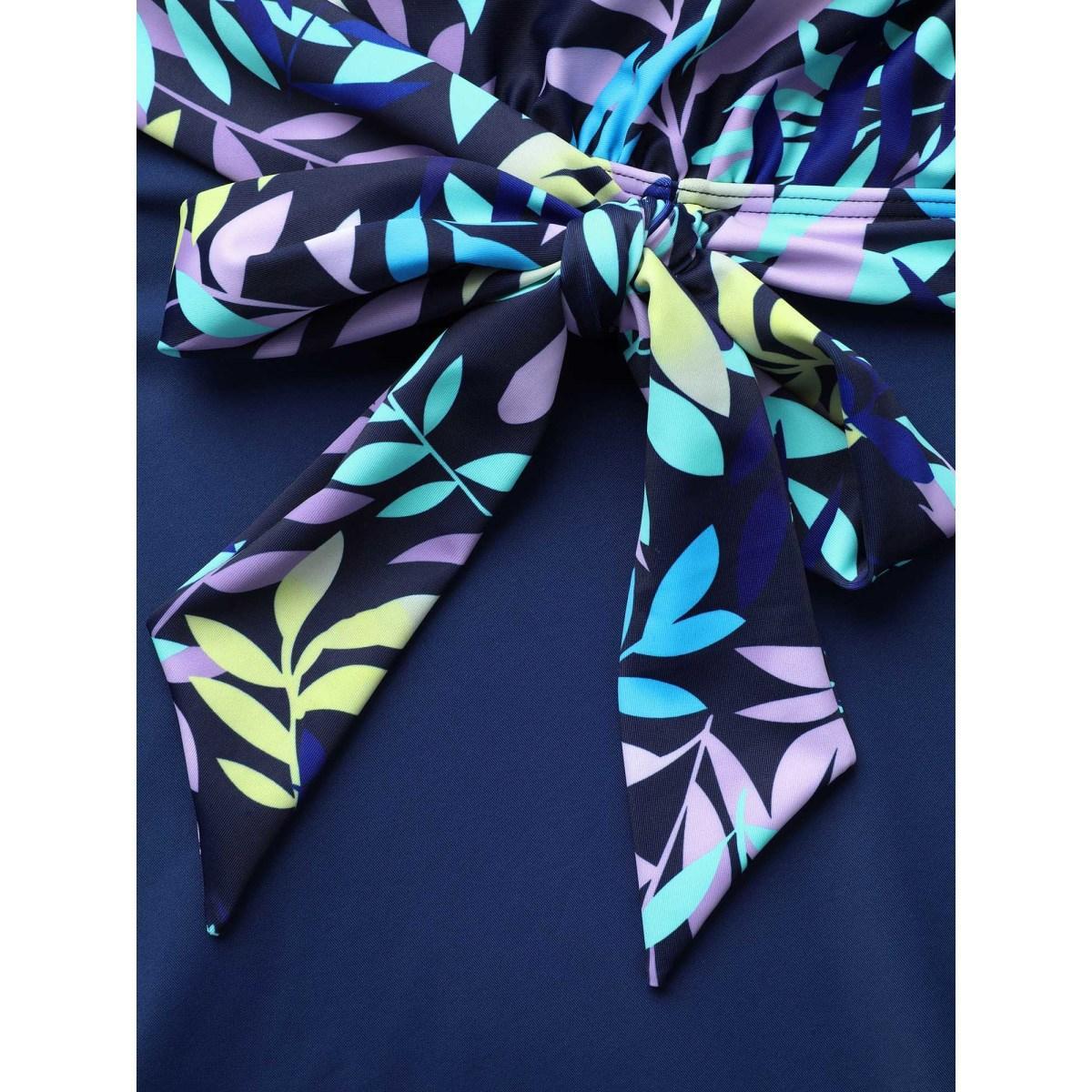 Plus Size Tropical Flowers Lace Tied Swim Dress Women's Swimwear Aegean Beach Bodycon V-neck High stretch Curve Swim Dresses BloomChic 14-16/1X Product Image