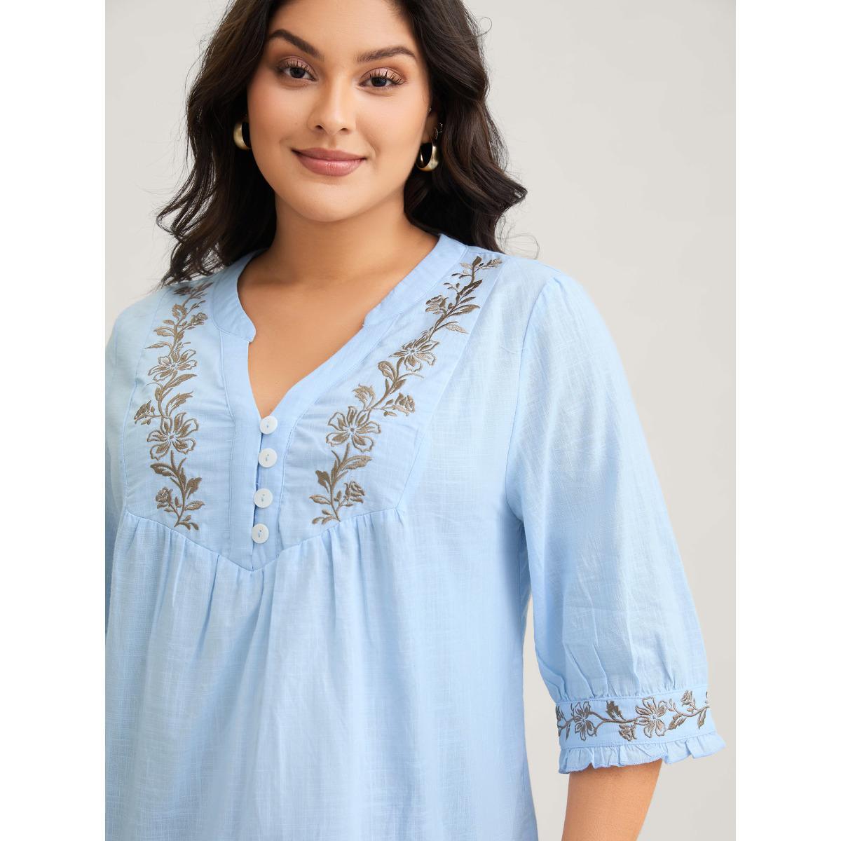 Plus Size LightBlue Cotton Floral Embroidered Notched Collar Frill Trim Blouse Women Leisure Elbow-length sleeve Stand-up collar Casual Blouses BloomChic 22-24/3X Product Image