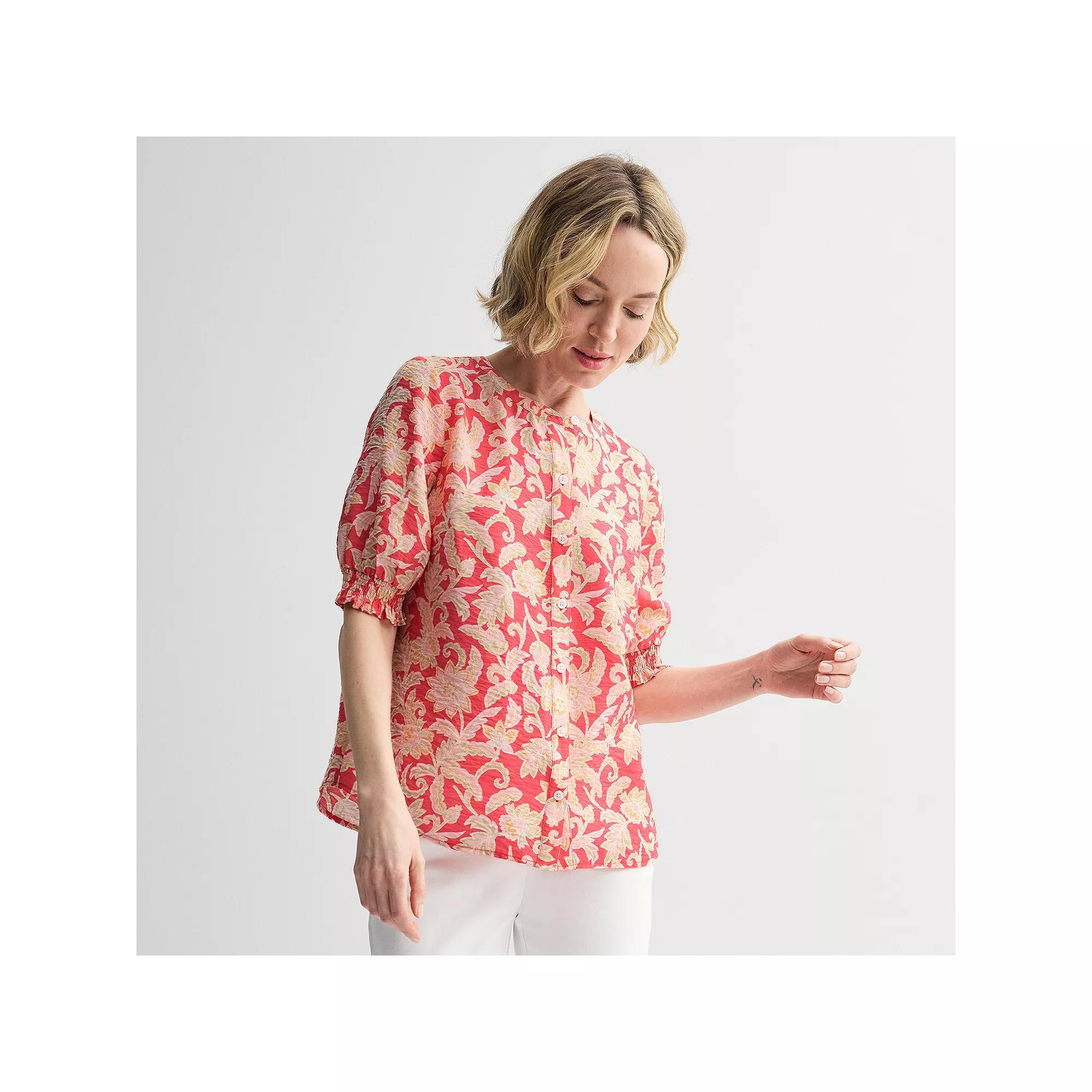 Women's Croft & Barrow® Woven Split Neck Shirt, Size: XL, Pink Fun Garden Product Image