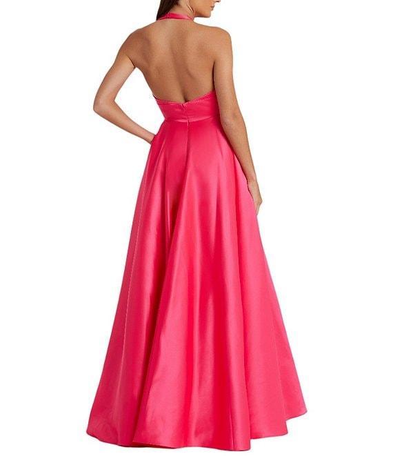 Mac Duggal Deep V Halter Neck Bow Front Satin Ballgown Product Image