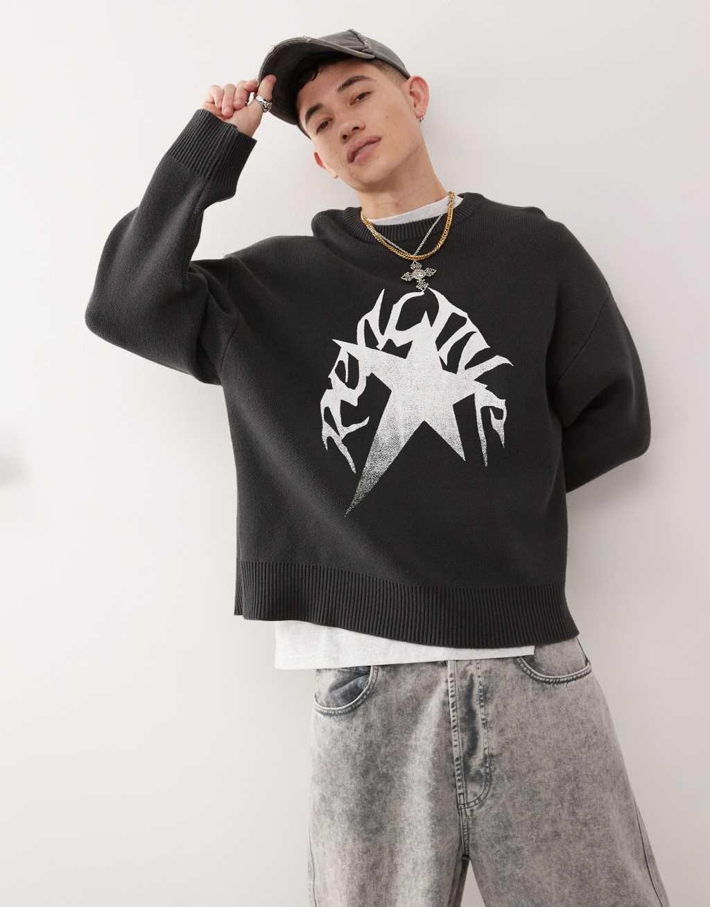 Weekday Cypher oversized sweater with star jacquard graphic in dark gray Product Image