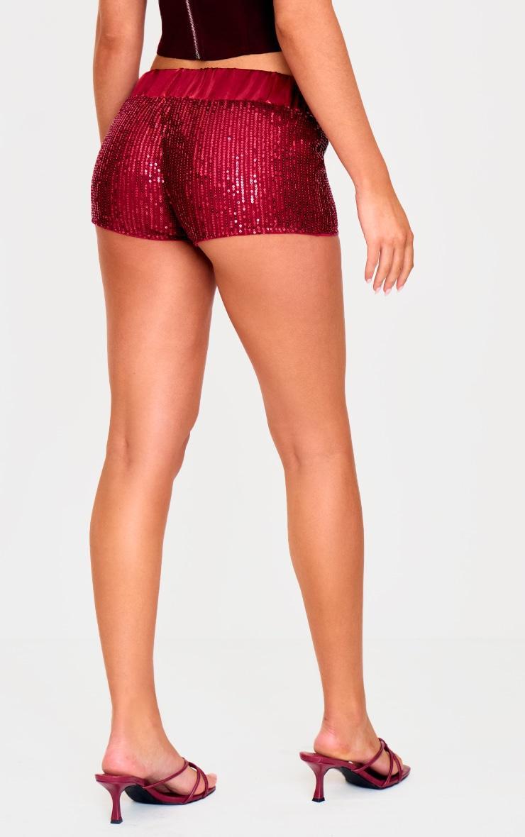 Burgundy Waistband Detail Sequin Mini Shorts Product Image