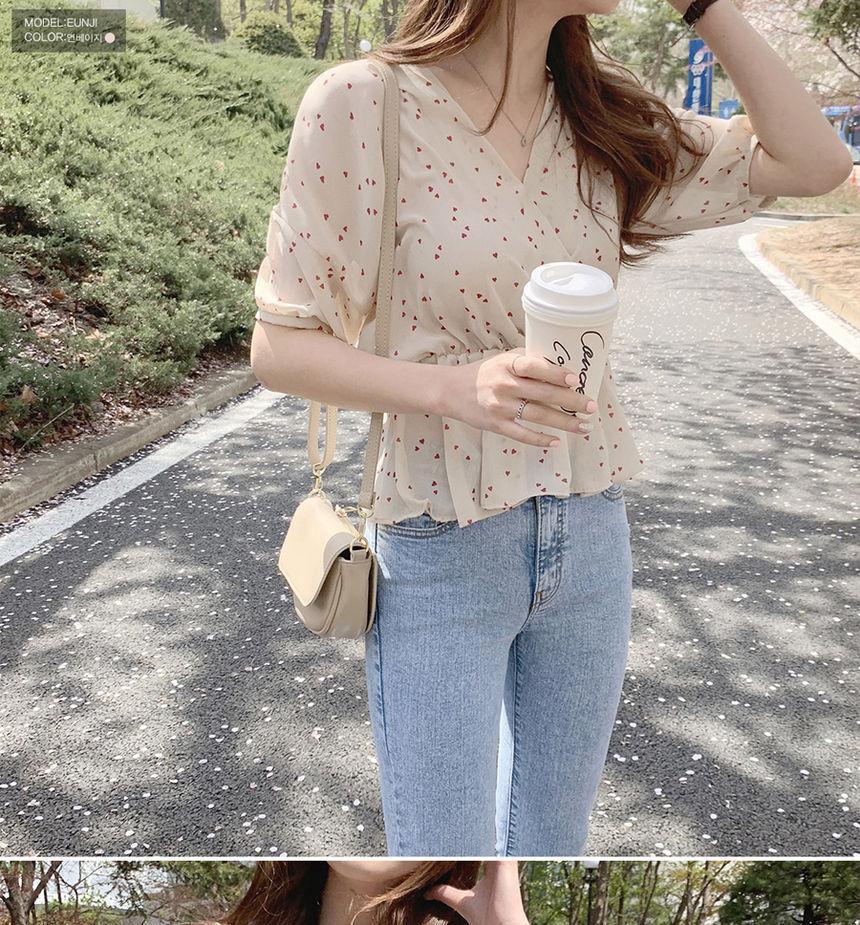 Heart Print Short-Sleeve V-Neck Blouse Product Image