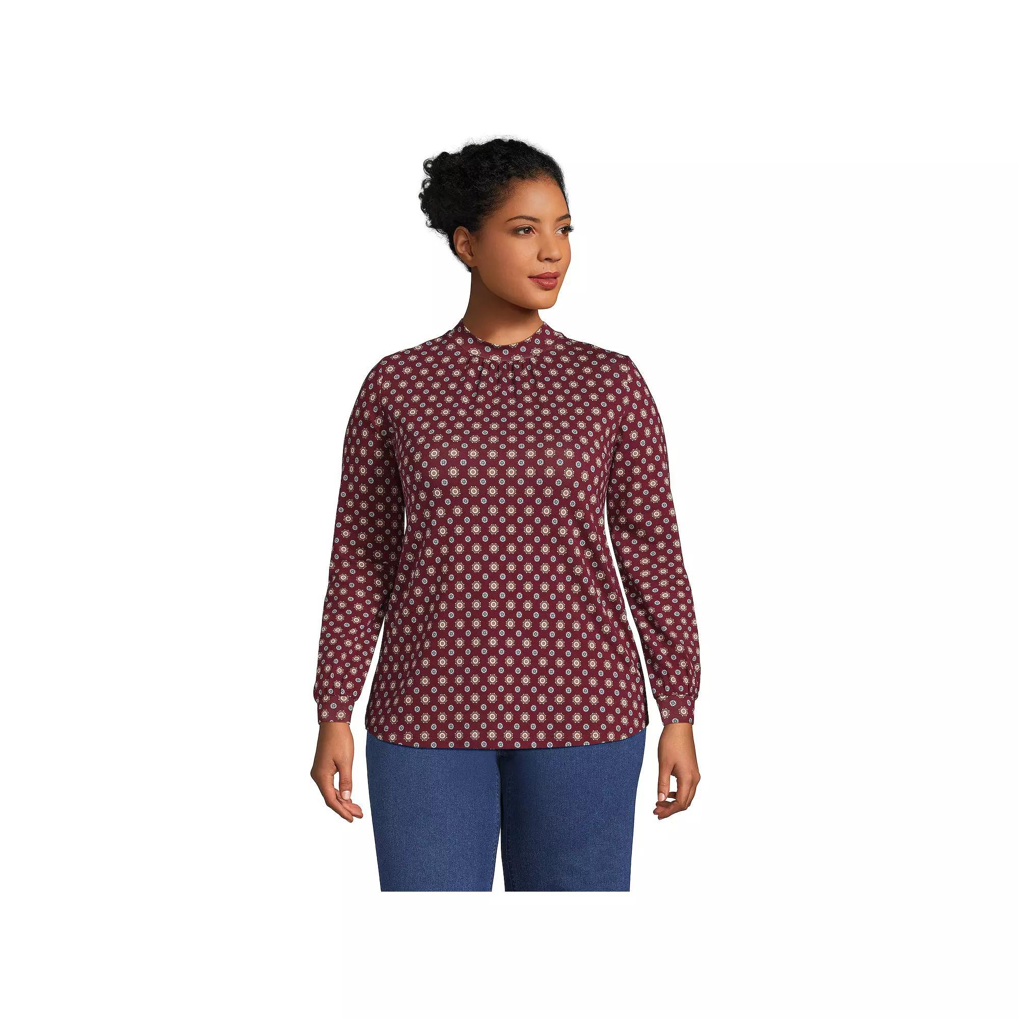 Plus Size Lands' End Gathered Mockneck Top, Women's, Size: 1XL, Red Geo Product Image