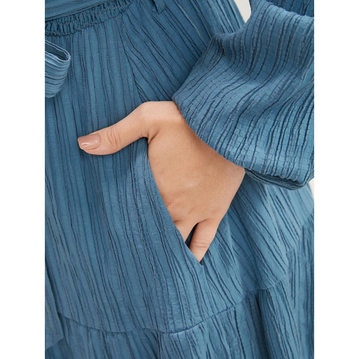 Plus Size Solid Textured V Neck Pocket Shirred Belted Flutter Dress Aegean Women Elegant Tiered V-neck Long Sleeve Curvy Midi Dress BloomChic 10/M Product Image