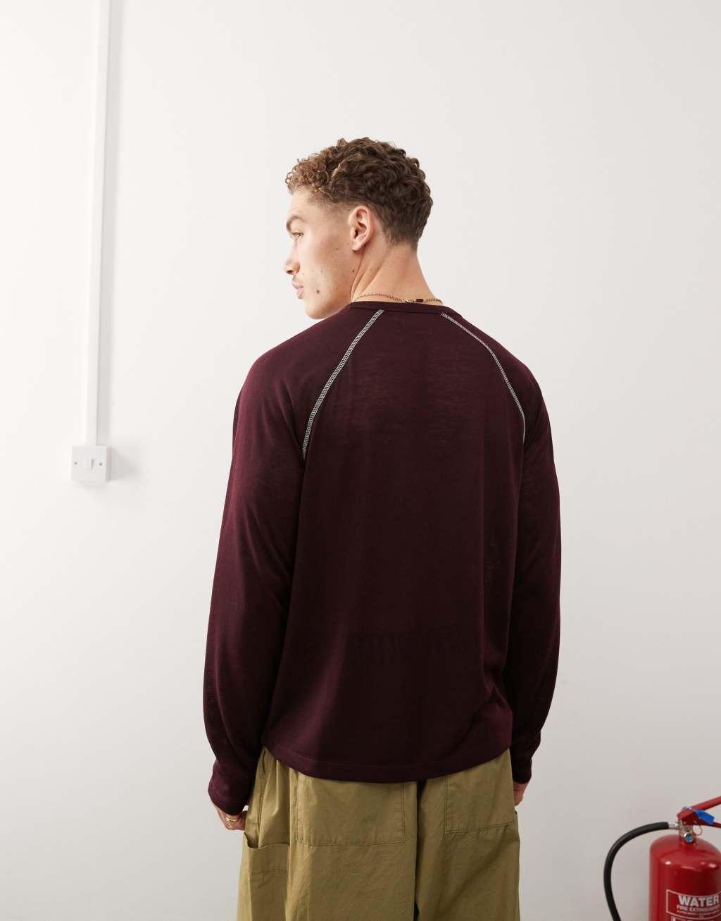 Reclaimed Vintage long sleeve t-shirt with contrast stitch in burgundy Product Image