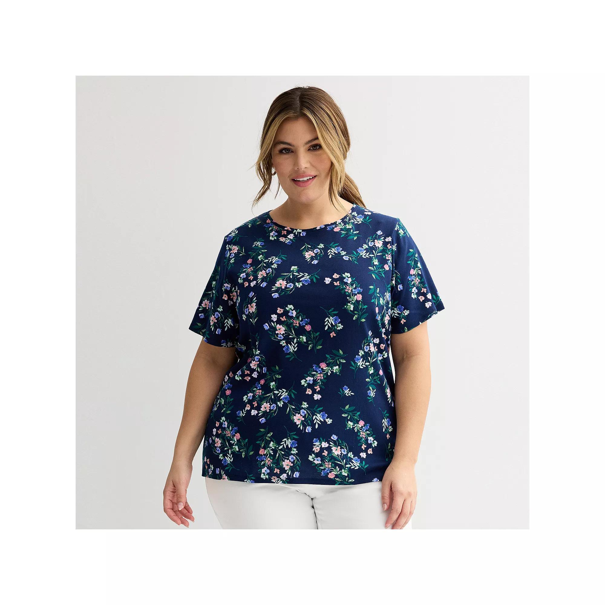 Plus Size Croft & Barrow® Essential Crewneck Top, Women's, Size: 3XL, Blue Team Floral Product Image