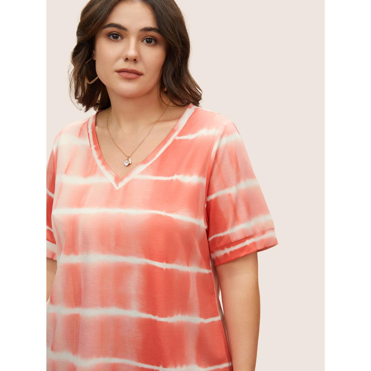 Plus Size V Neck Tie Dye Striped T-shirt Salmon Women Casual Contrast V-neck Everyday T-shirts BloomChic 30/6X Product Image