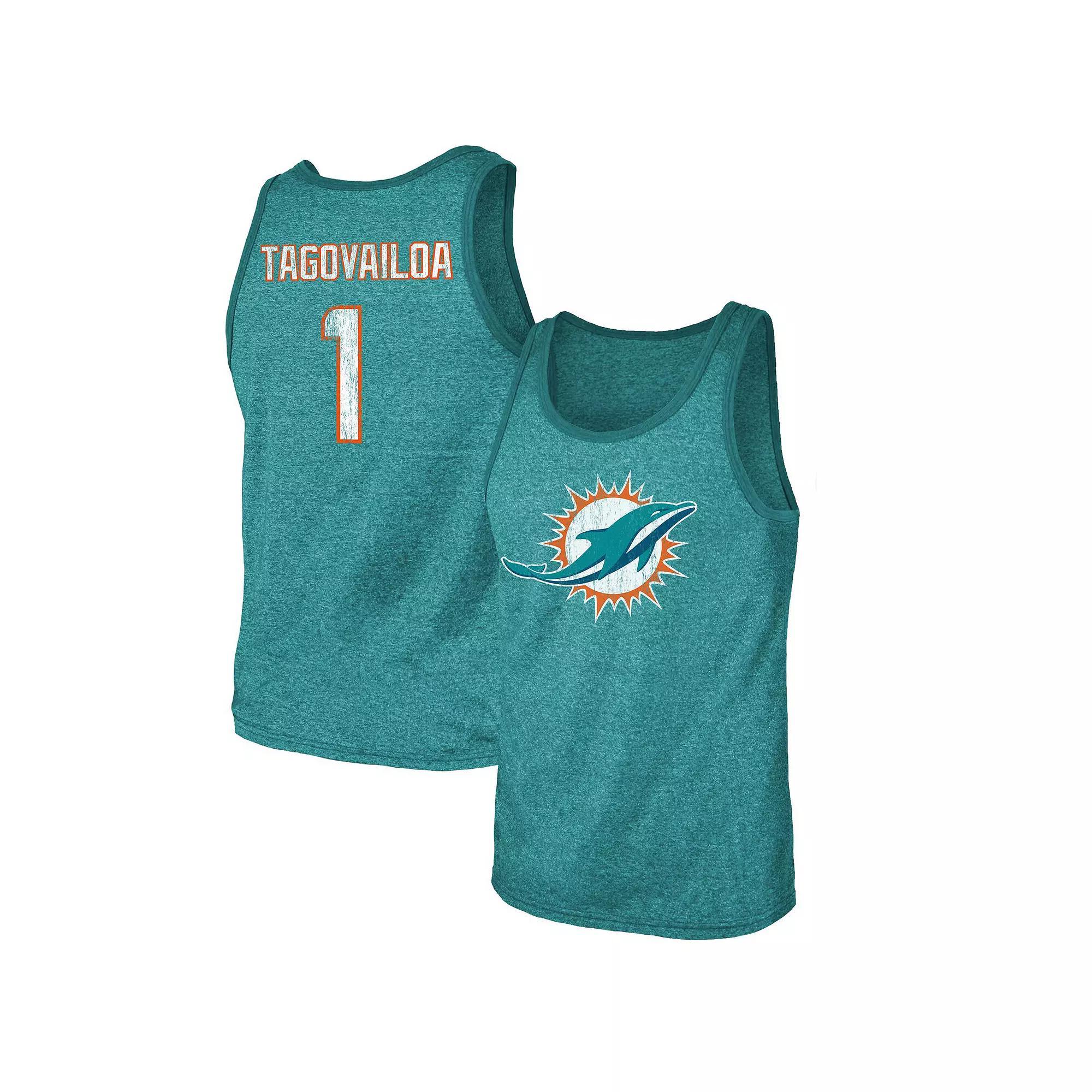 Men's Majestic Threads Tua Tagovailoa Aqua Miami Dolphins Name & Number Tri-Blend Tank Top, Size: 2XL, Turquoise A Product Image