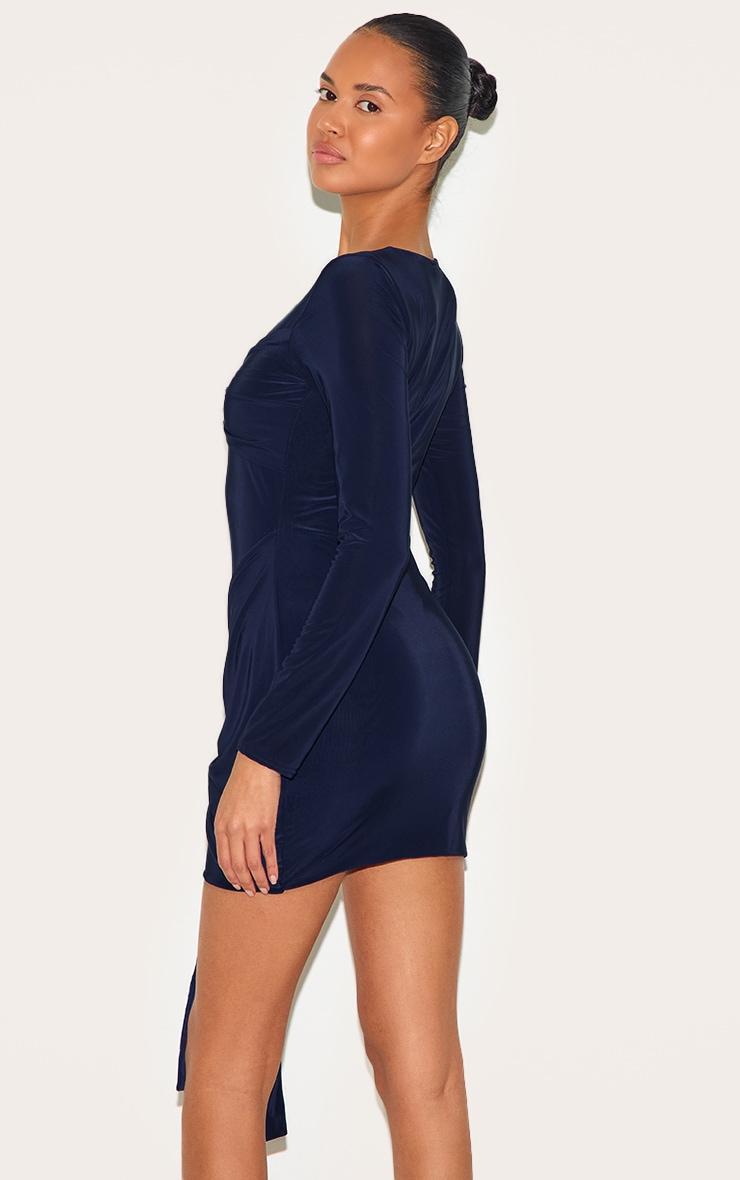 Navy Slinky Long Sleeve Wrap Bust Twist Detail Mini Dress Product Image