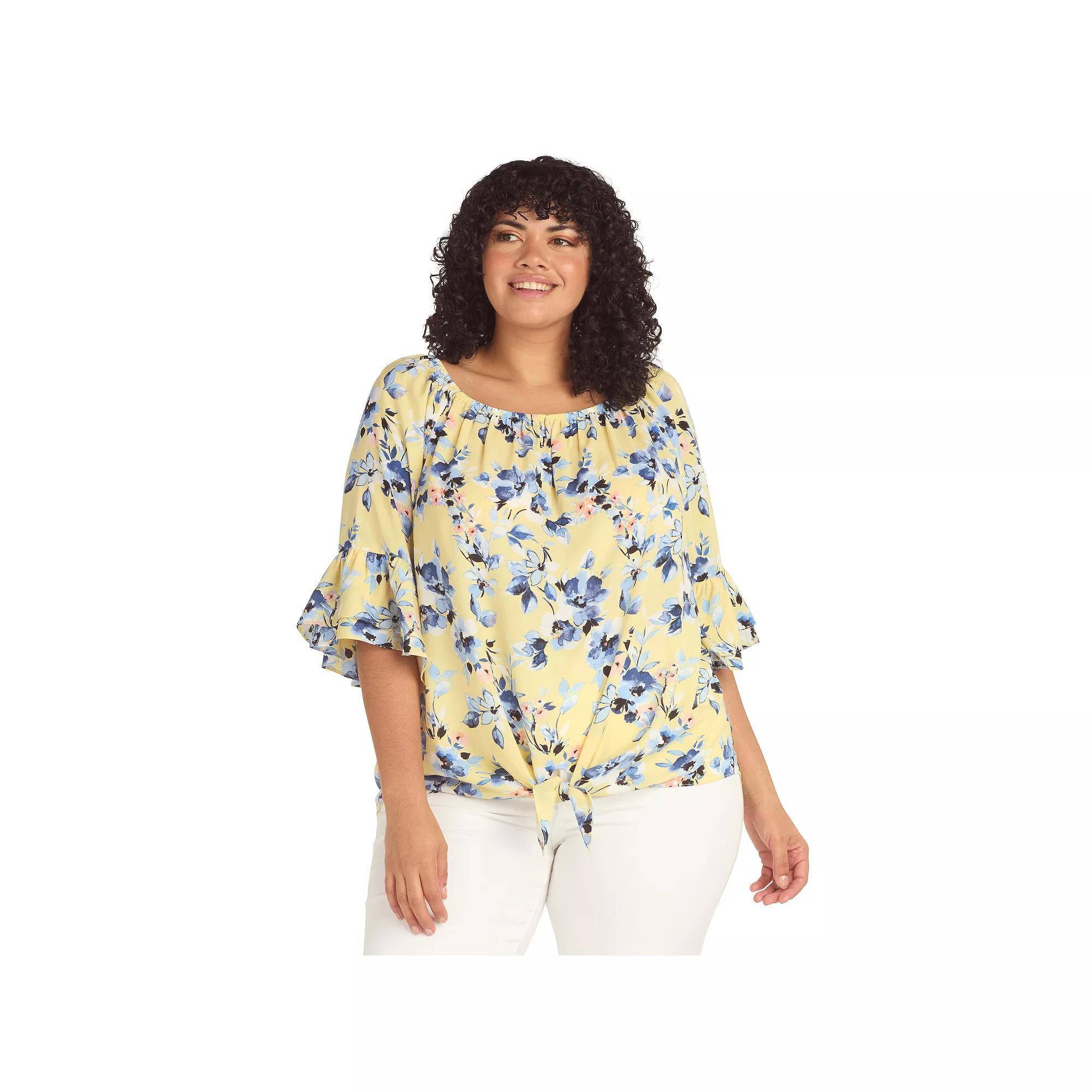 Plus Size AB Studio Flounce Sleeve Tie Hem Peasant Boat Neck Top, Womens Product Image