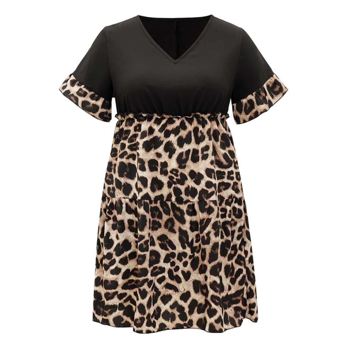 Plus Size Leopard Print Patchwork V Neck Bell Sleeve Dress Black Women Elegant Patchwork V-neck Short sleeve Curvy Knee Dress BloomChic 10/M Product Image