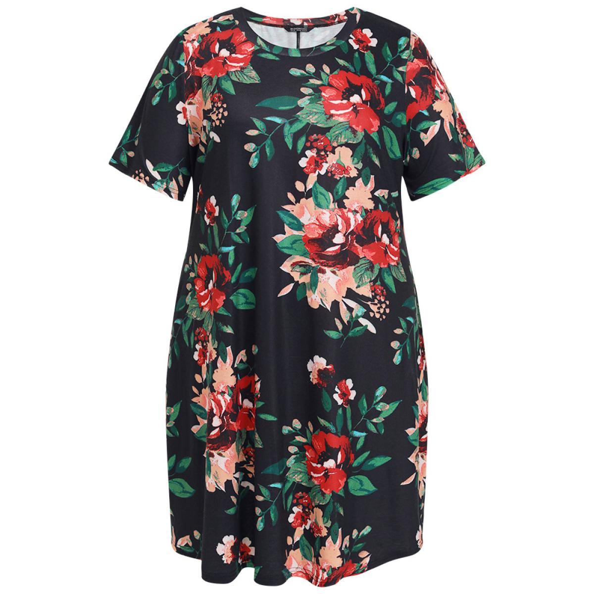 Plus Size Floral Print Pocket Midi Dress Black Women Casual Pocket Round Neck Short sleeve Curvy Midi Dress BloomChic 28/5X Product Image