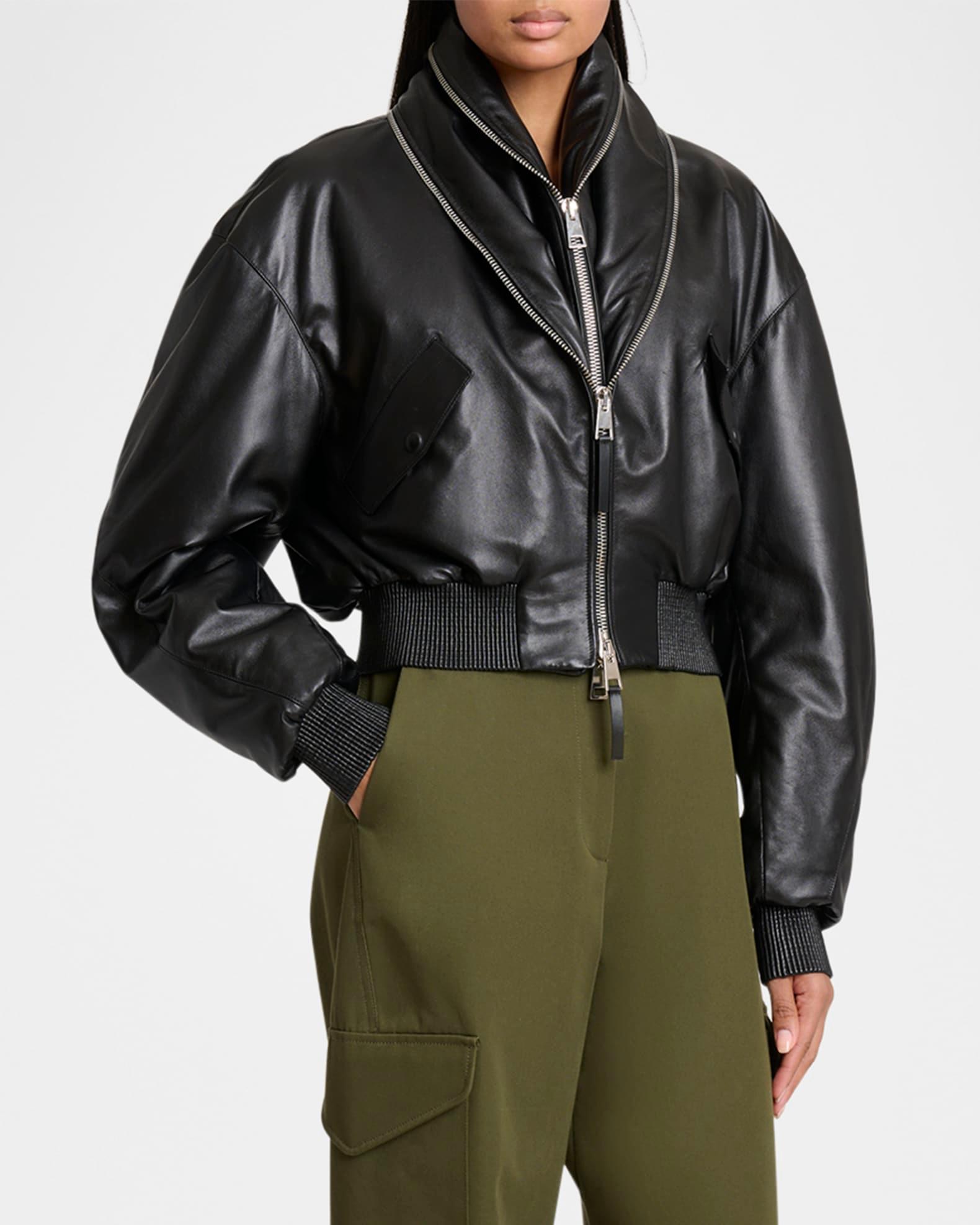 Double Shawl-Collar Leather Crop Bomber Jacket Product Image