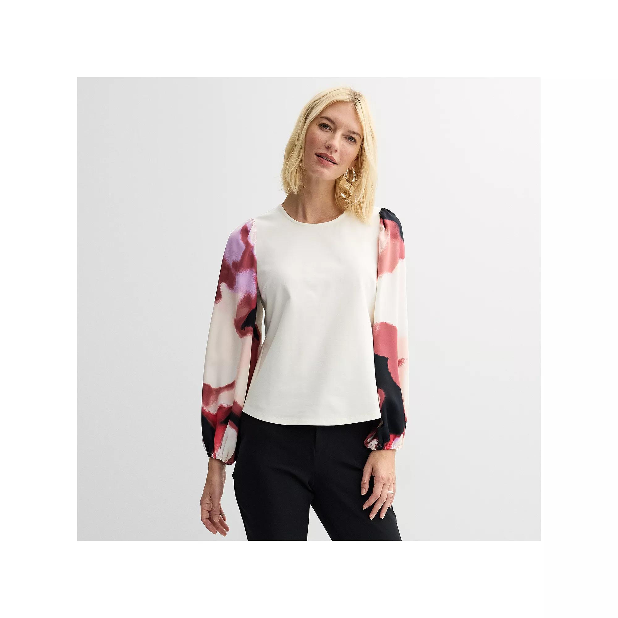 Petite Nine West Ponte Puff Sleeve Top, Women's, Size: XS Petite, Black Bold Leaf Product Image