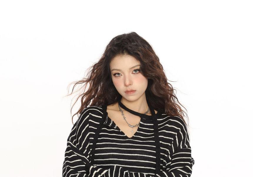 Drop Shoulder V-Neck Striped Oversized Sweater Product Image