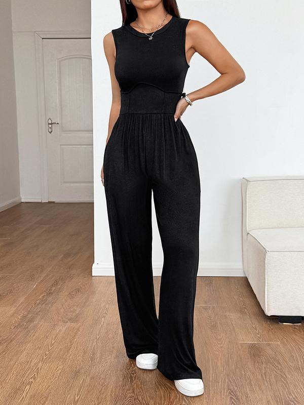 High Waisted Loose Solid Color Round-Neck Jumpsuits Product Image