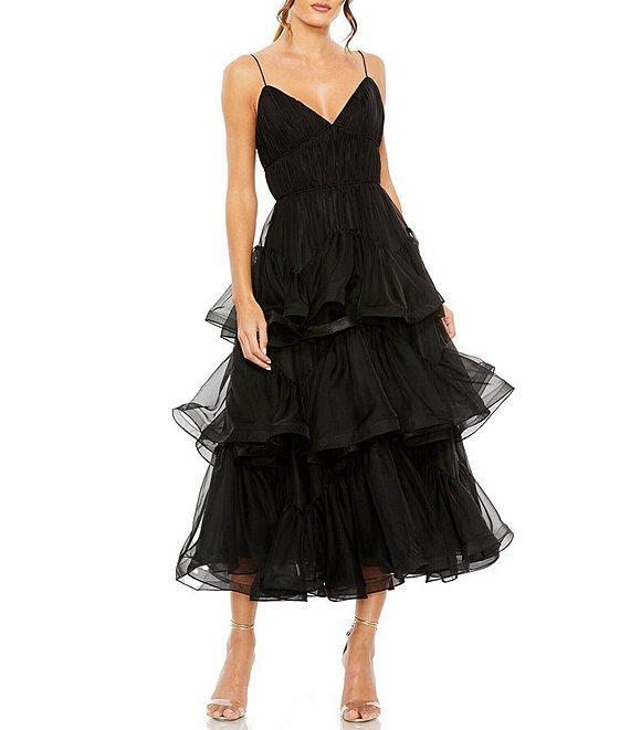 Mac Duggal V Neckline Spaghetti Strap Tiered Dress Product Image