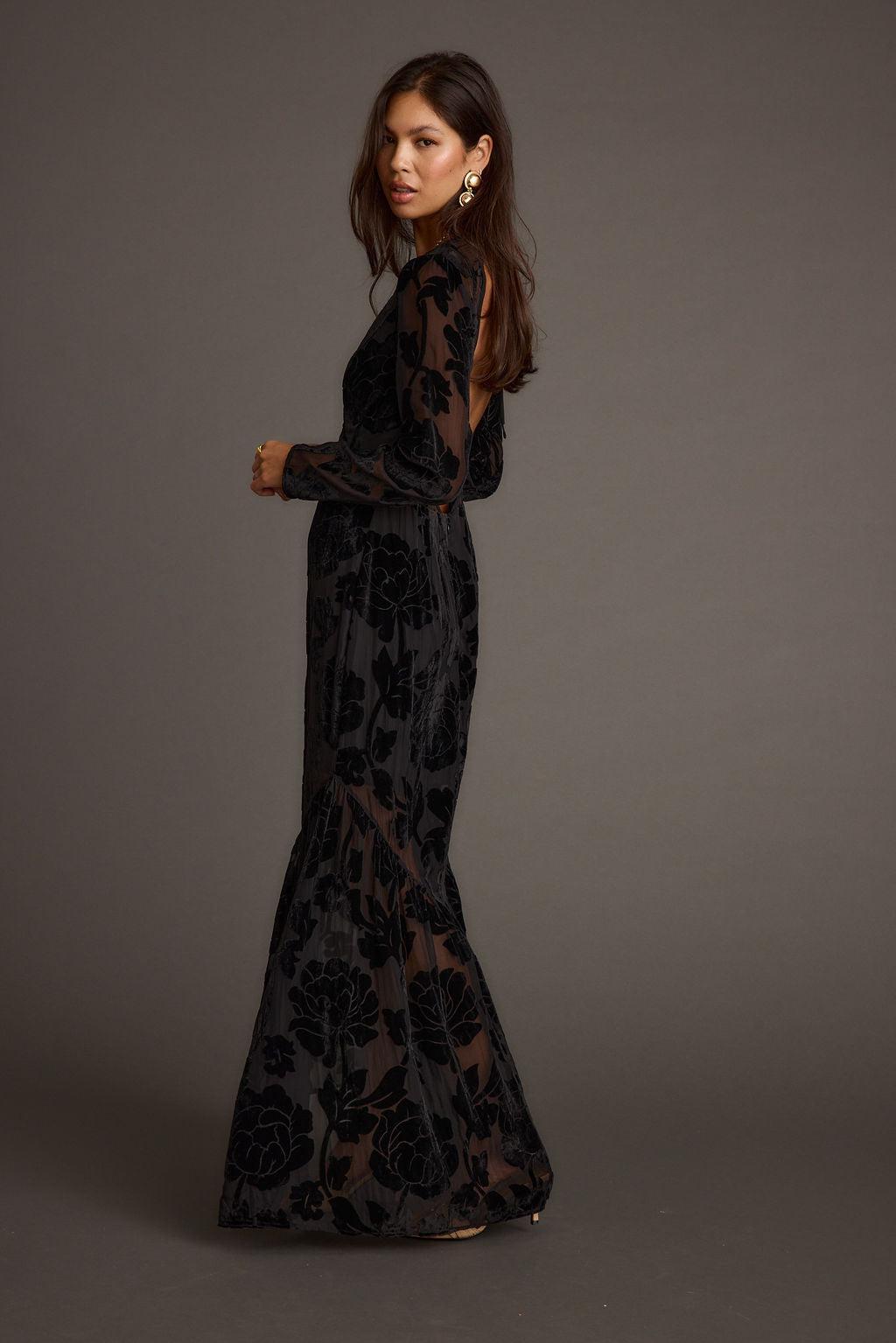 Angela Black Velvet Burnout Long Sleeve Maxi Dress Product Image