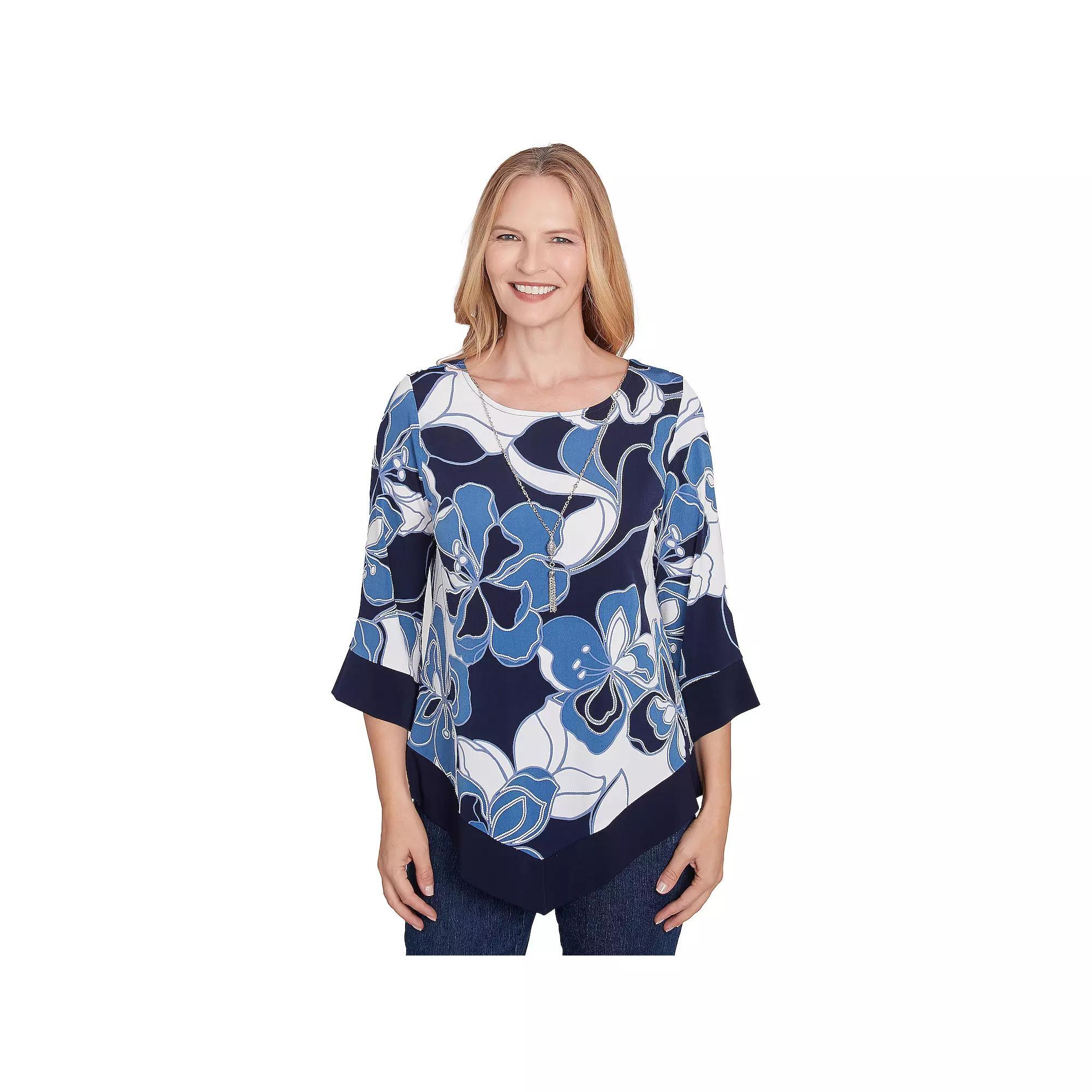 Women's Alfred Dunner Abstract Bold Floral Patchwork Top with Necklace, Size: Medium, Blue Product Image