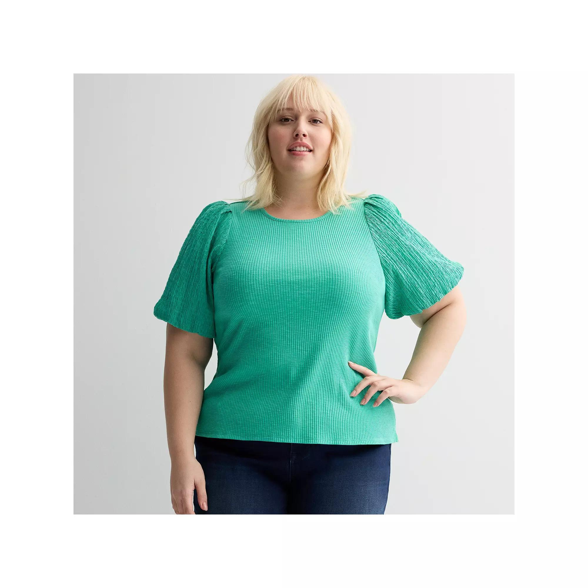 Plus Size Nine West Textured Puff Sleeve Ribbed Knit Top, Womens Product Image
