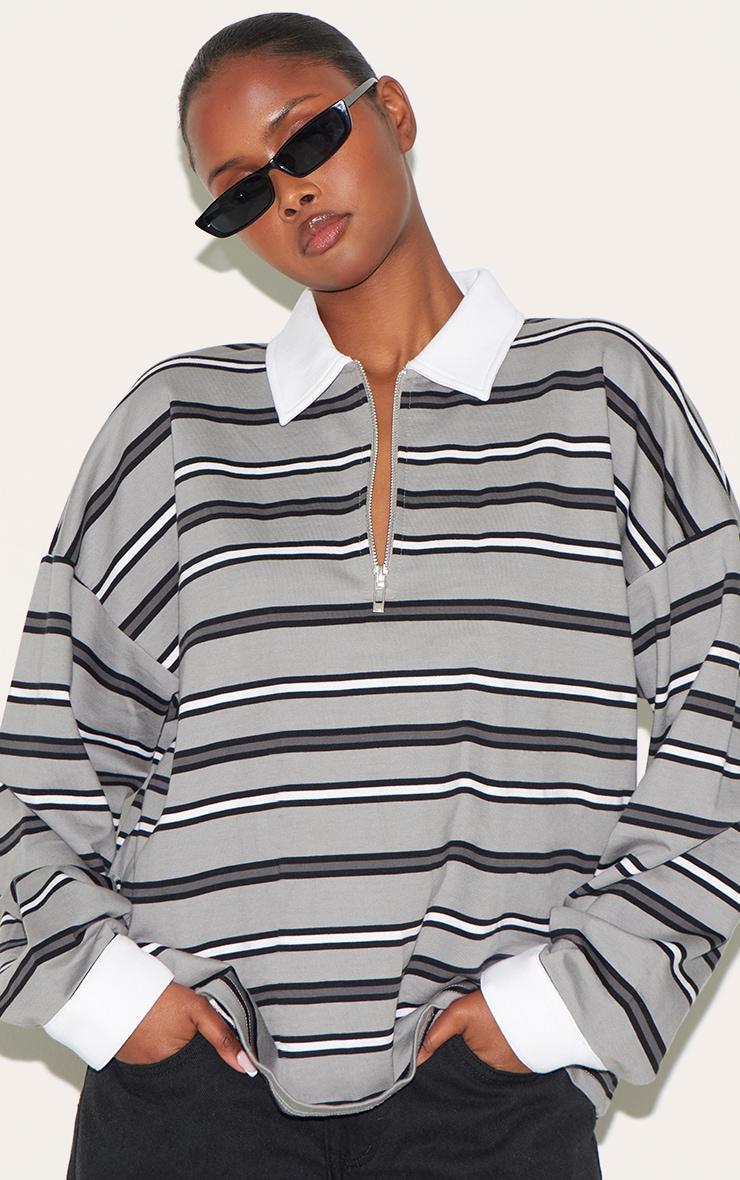 Charcoal Grey Oversized Stripe Contrast Collar Sweat Product Image