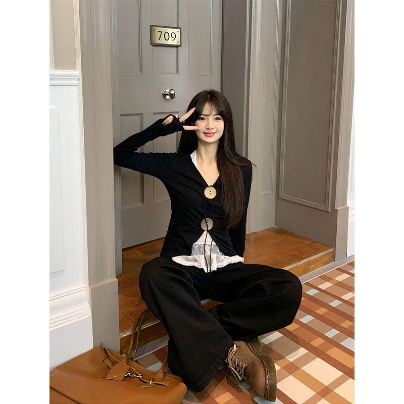 Long Sleeve V-Neck Plain Button Slit Top / Halter Plain Lace Top Product Image