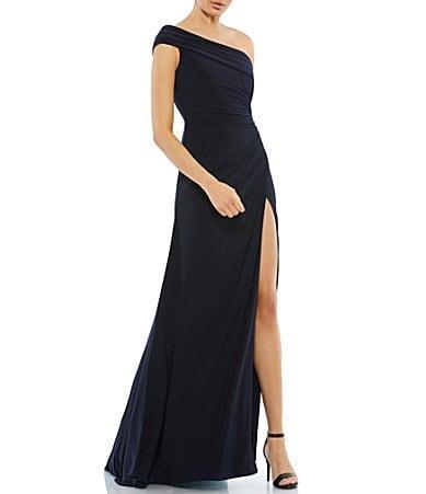 Mac Duggal One Shoulder Cap Sleeve Ruched Thigh High Slit Faux Wrap Gown Product Image