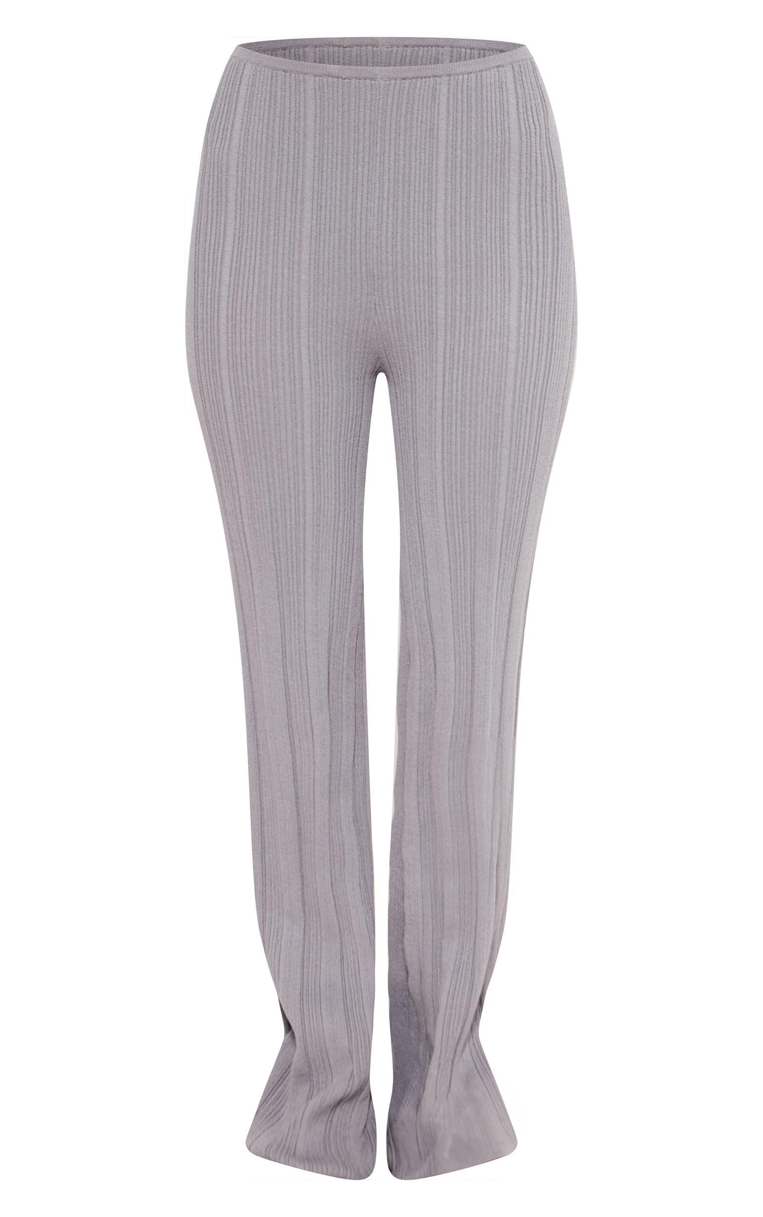 Petite Grey Rib Knit Flared Pants Product Image