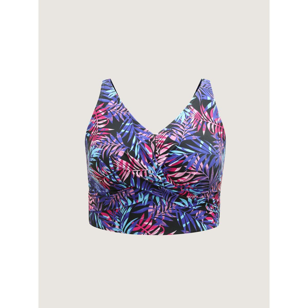 Plus Size Tropical Print Twist Swim Top Women's Swimwear Multicolor Resort Twist High stretch Skinny Overlap Collar Curve Swim Tops BloomChic 22-24/3X Product Image
