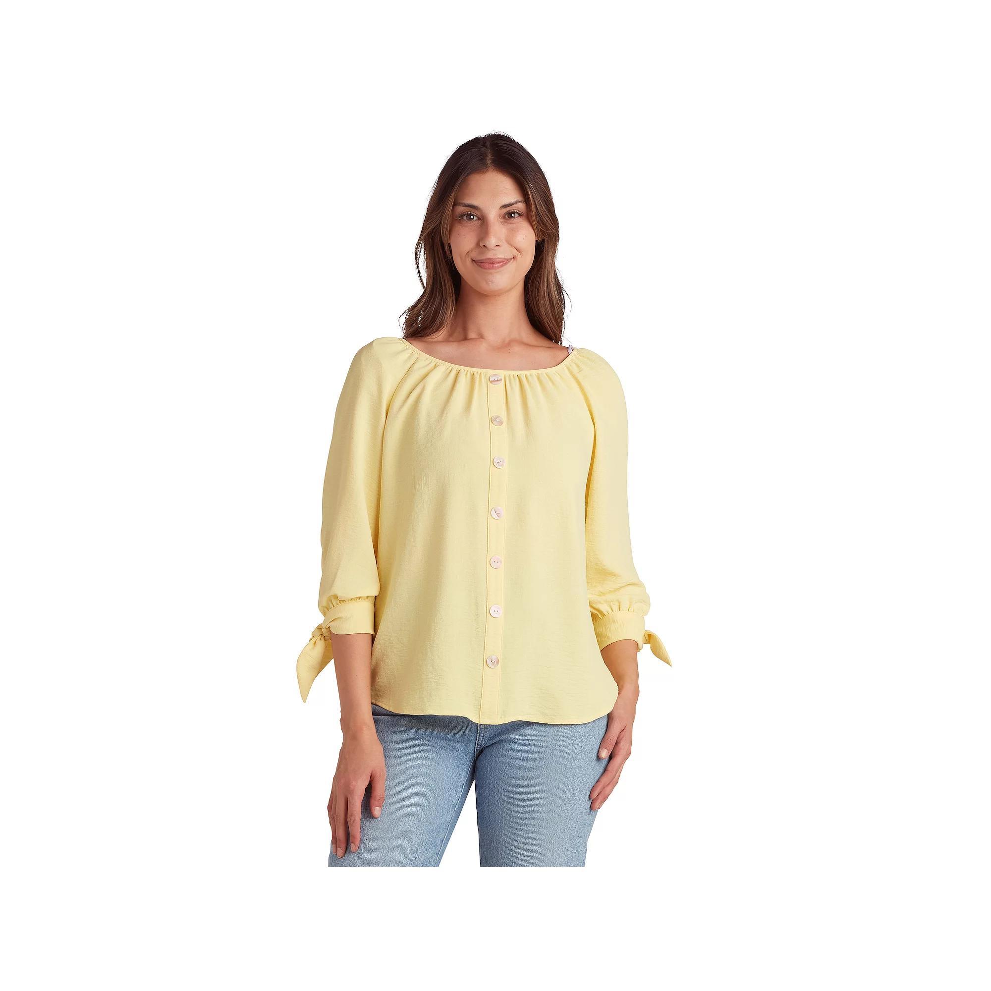 Women's AB Studio Button Front Tie Sleeve Top, Size: Large, Yellow Product Image