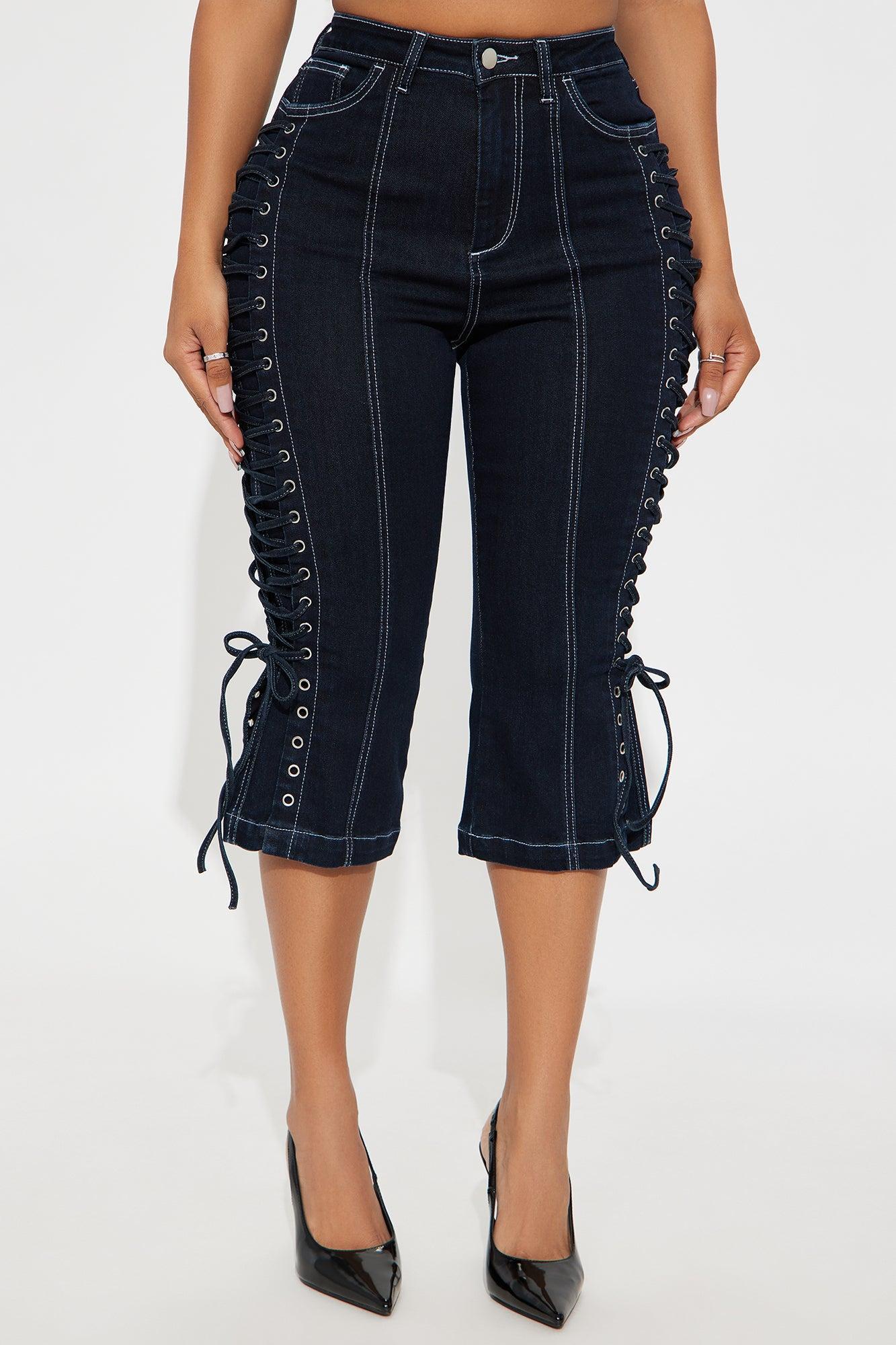 Laced Up Capri Kick Flare Jeans - Dark Wash Female Product Image