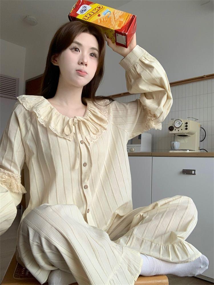 Pajama Set: Plain Lace Trim Shirt + Pants Product Image