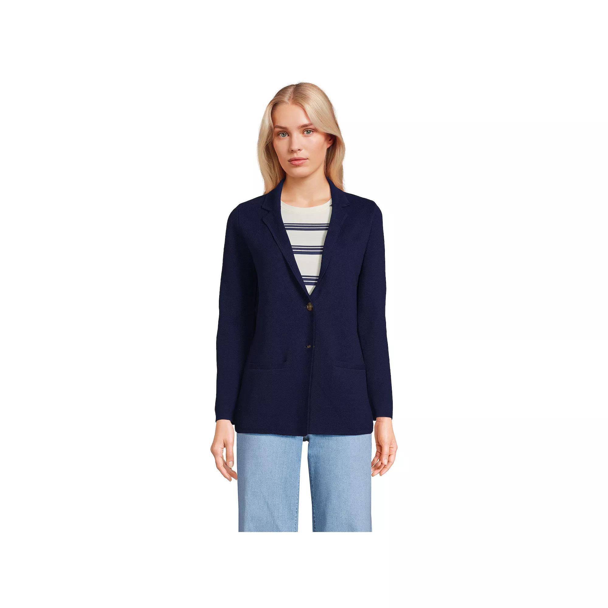 Women's Lands' End Fine Gauge Cotton Button Front Sweater Blazer, Size: XL, Deep  Blue Product Image