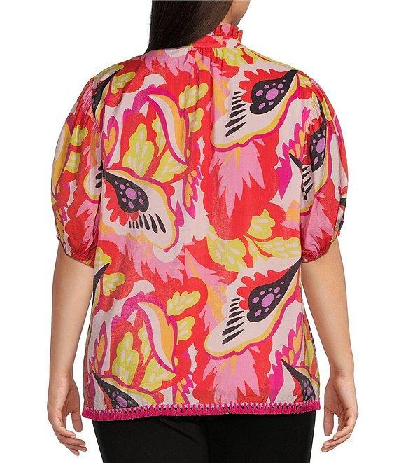 Calessa Plus Size Woven Modern Abstract Print Ruffled Split V-Neck Elbow Sleeve Tunic Product Image