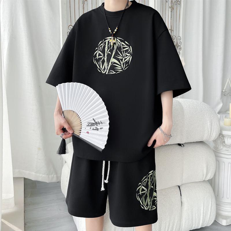 Set: Short-Sleeve Crew Neck Bamboo Embroidered T-Shirt + Drawstring Waist Sweat Shorts Product Image