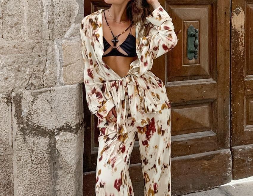 Set: Long-Sleeve Notch Lapel Tie Dye Tie Waist Button-Up Blouse + High Rise Wide Leg Pants Product Image