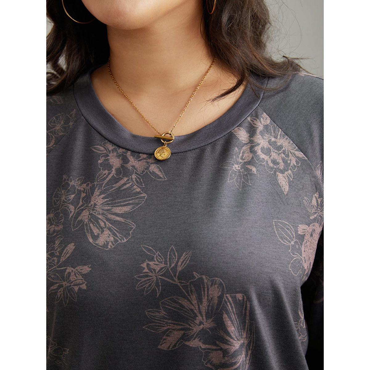 Plus Size Floral Print Round Neck Raglan Sleeve Sweatshirt Women Gray Elegant Heather Round Neck Dailywear Sweatshirts BloomChic 14-16/1X Product Image