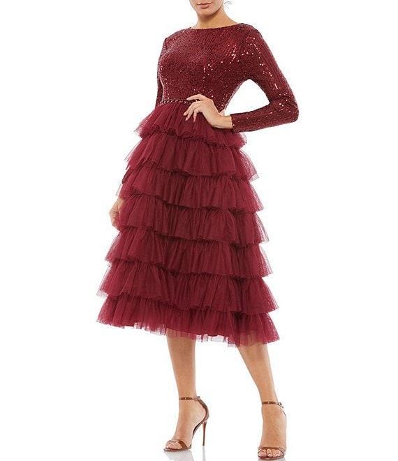Mac Duggal Tiered Ruffle Crew Neck Long Sleeve Midi Dress Product Image