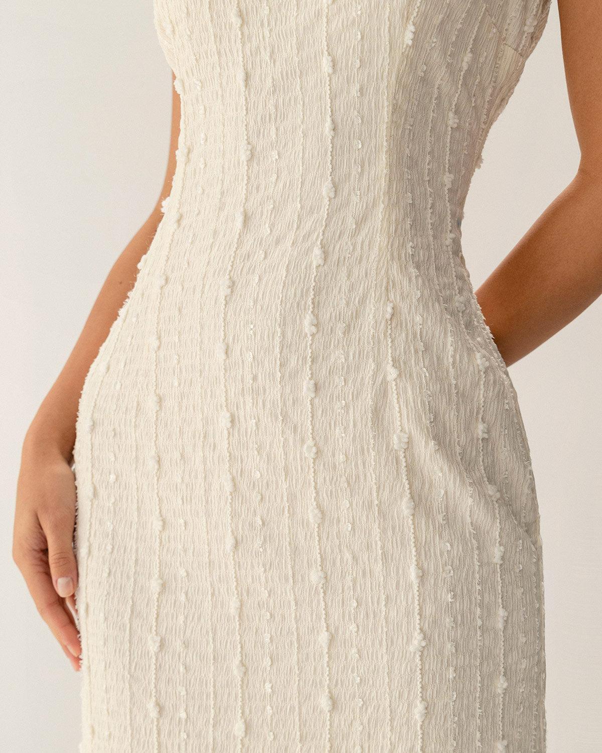 Beige Textured Beaded Slip Midi Dress Product Image