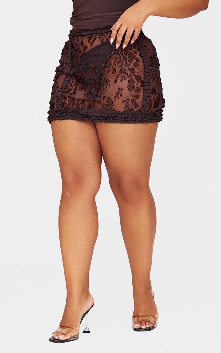 Plus Brown Devore Frill Detail Mini Skirt Product Image