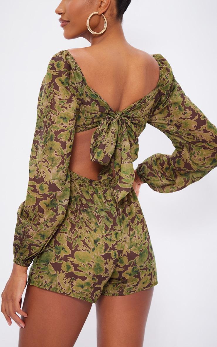  Green Floral Printed Tie Back Cut Out Romper Product Image