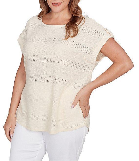 Ruby Rd. Plus Size Crochet Knit Boat Neck Short Button Tab Sleeve Top Product Image