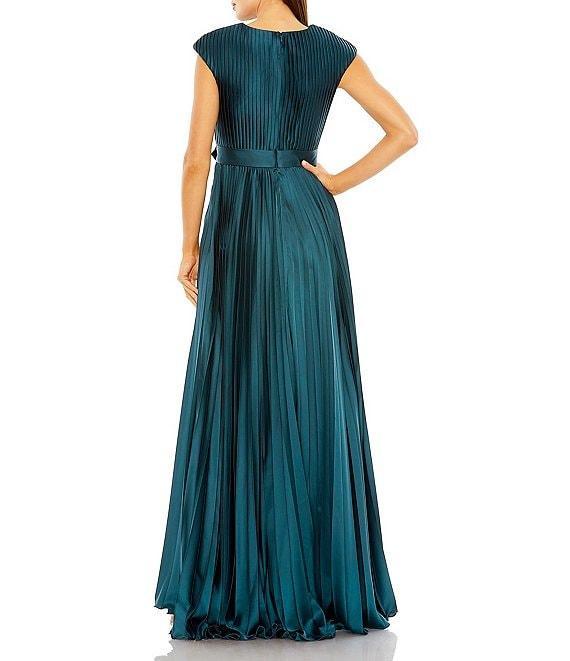 Mac Duggal Pleated Deep V-Neck Cap Sleeve Belted Gown Product Image